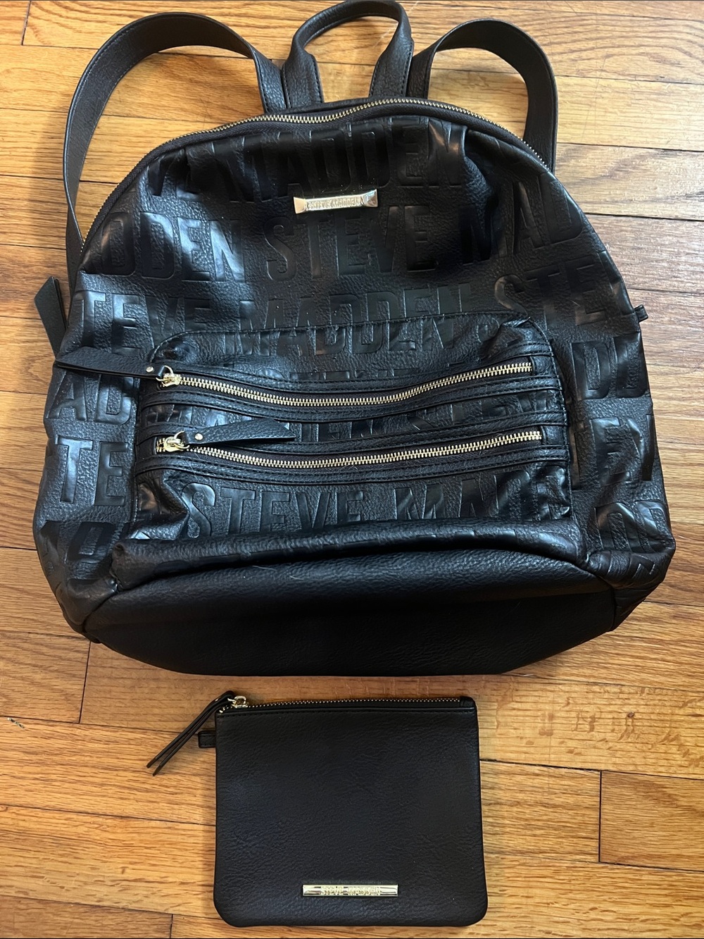 Steve Madden Black Embossed Logo Backpack with Matching Pouch